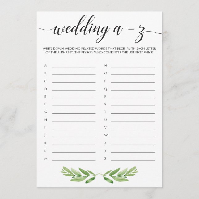 Garden Wedding Shower Wedding Alphabet Game (Front)