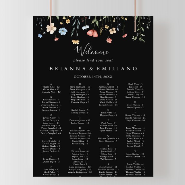 Garden wildflower Black Alphabetical Seating Chart (Creator Uploaded)