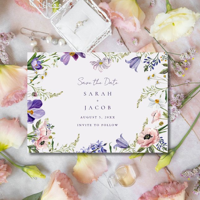 Garden Wildflower Photo Wedding Save The Date (Garden Wildflower Purple Wedding Save the Date)