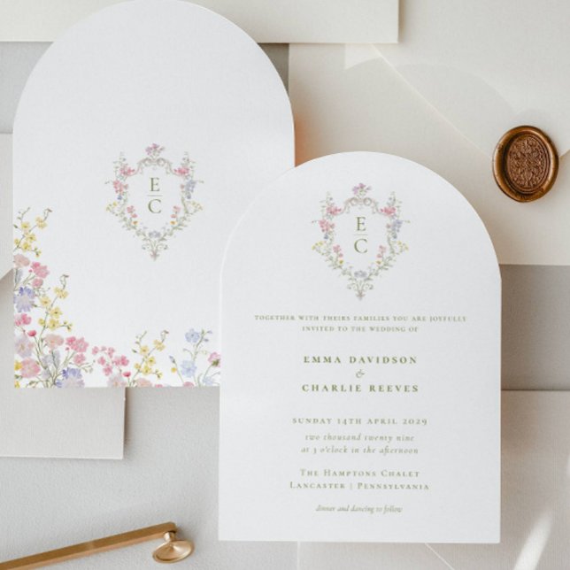 Garden Wildflowers Crest Spring Summer Wedding Invitation (Creator Uploaded)