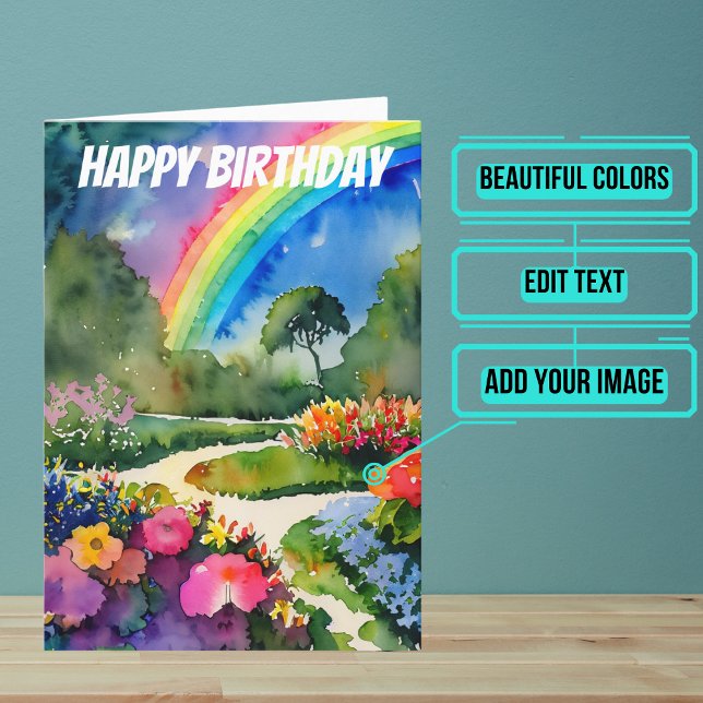 Garden with Flowers and Rainbow Watercolor Card (Wish someone you care about a happy birthday with this colorful design featuring watercolors.)