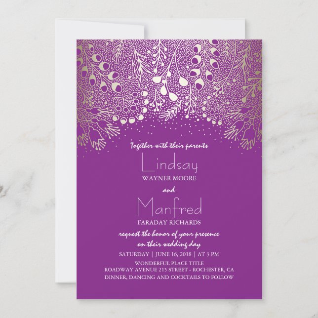 Garden Wonderland - Woodland Purple Gold Wedding Invitation (Front)