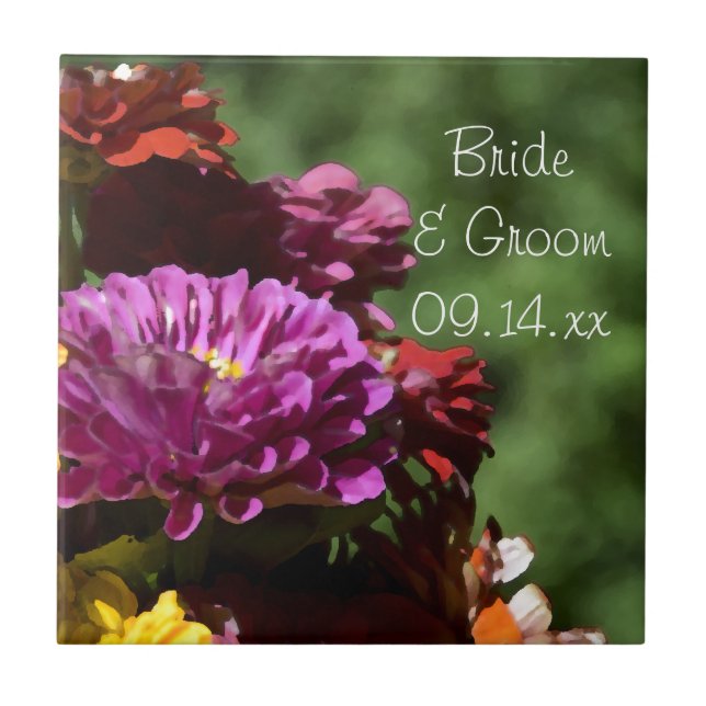 Garden Zinnia Flowers Wedding Tile (Front)