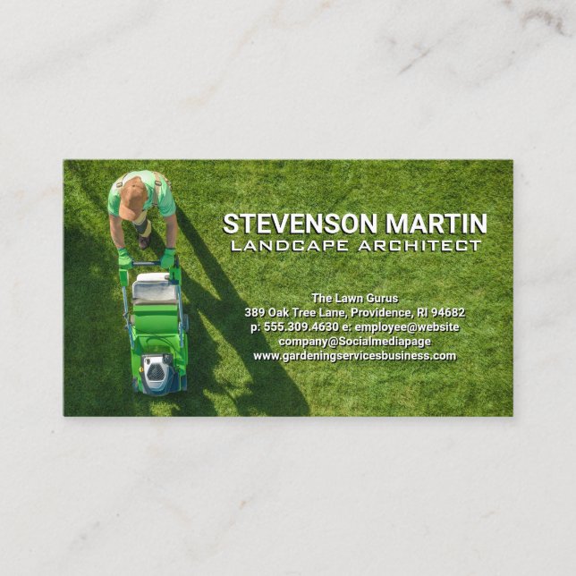 Gardener Cutting Lawn Aerial View Business Card (Front)