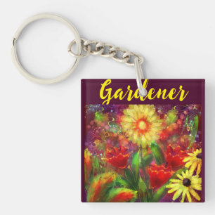 Gardener Floral Flowers Painting Abstract Art Red  Key Ring