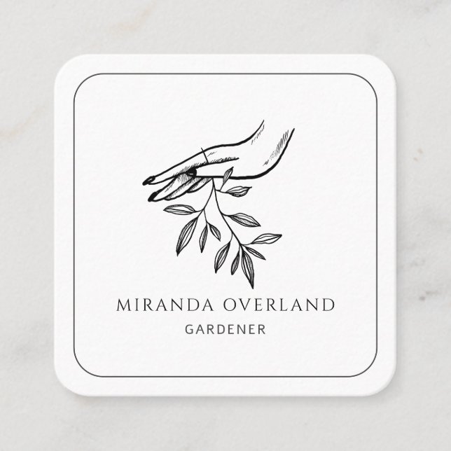 Gardener Hand And Leaf Logo Square Business Card (Front)