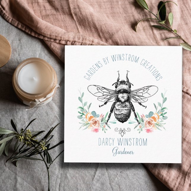 Gardener Hand Drawn Honey Bee And Floral Square Business Card (Creator Uploaded)