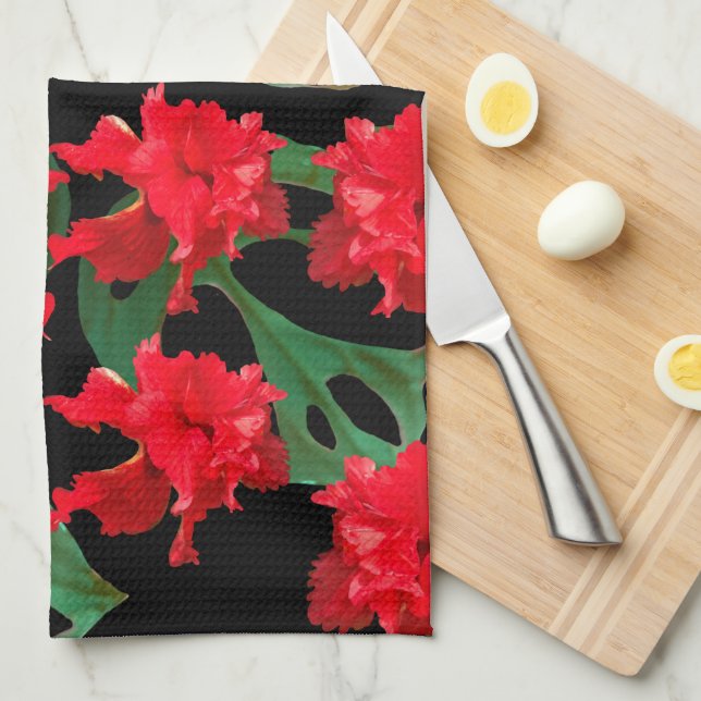 Gardener Hibiscus Monstera Pattern Black  Tea Towel (Quarter Fold)