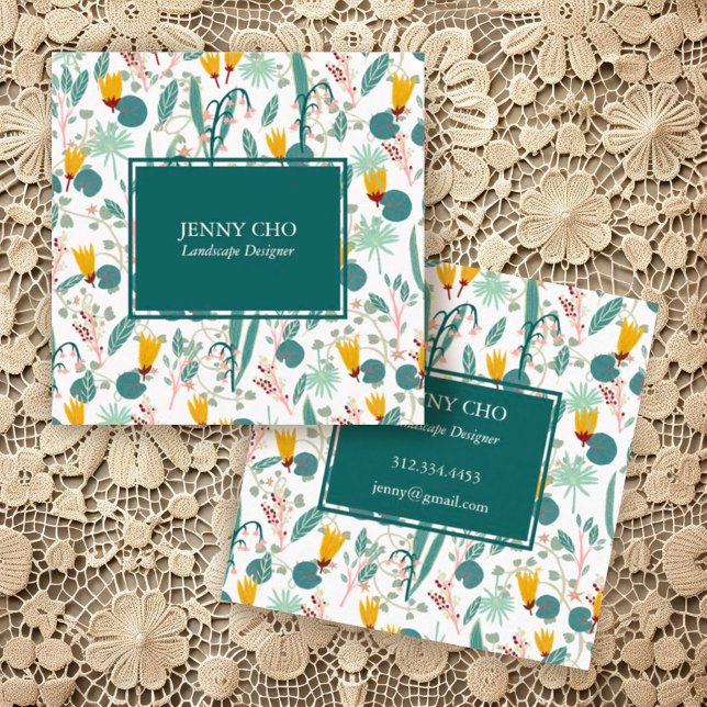 Gardener Landscaping Gardening Plants Modern Cool Square Business Card (Sweet handmade botanical pattern on these custom square business cards)
