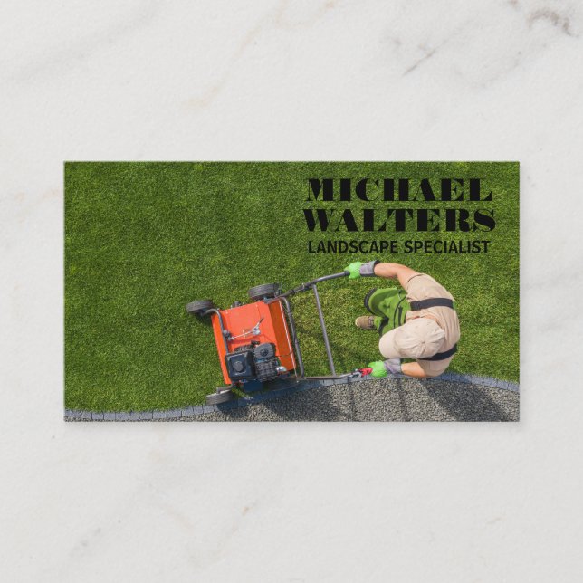Gardener Mowing Lawn  Business Card (Front)