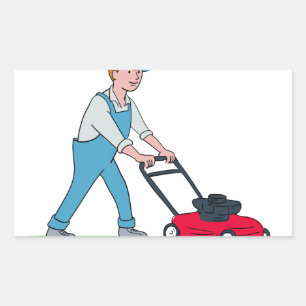 Gardener Mowing Lawn Cartoon Rectangular Sticker