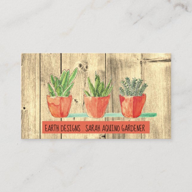 Gardener Rustic Wood Watercolor Wood & Plants Business Card (Front)