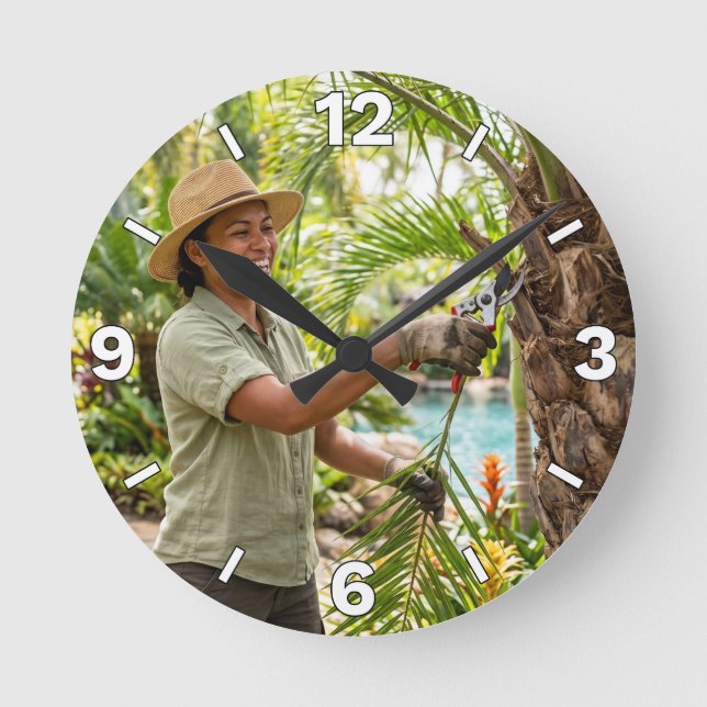 Gardener Woman Pruning Palm Tree Decor Round Clock (Front)