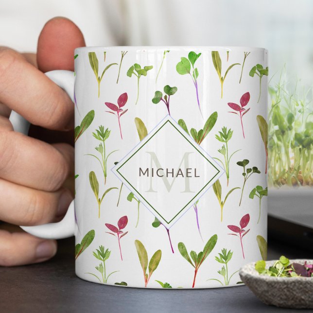 Gardeners Monogram Watercolor Seedling Pattern Coffee Mug (Creator Uploaded)