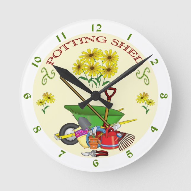 Gardener's Potting Shed Clock, Garden Tools Round Clock (Front)