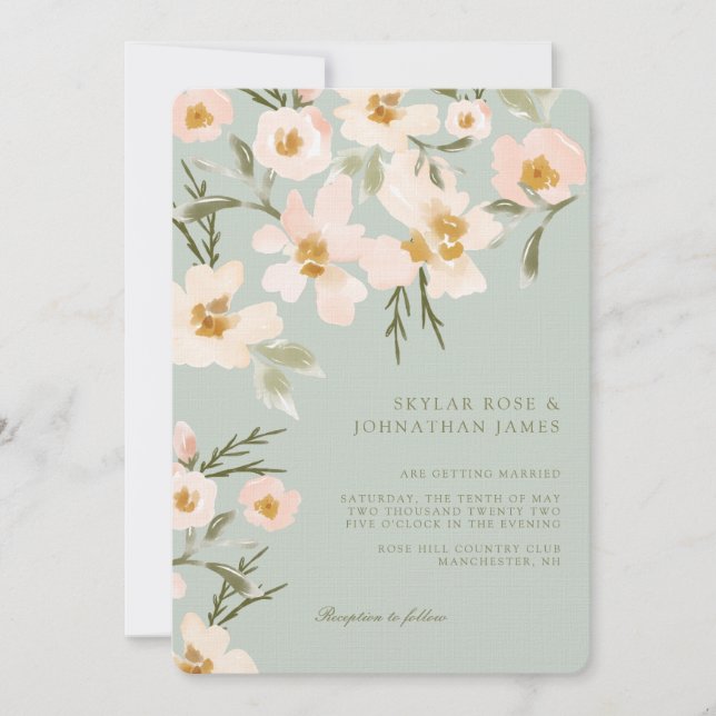 Gardenia Blush Watercolor Abstract Floral Mint Invitation (Front)