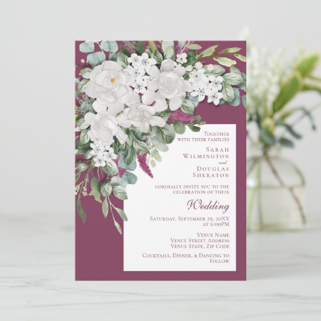 Gardenia / Snapdragon Wedding Purple Invite (Standing Front)