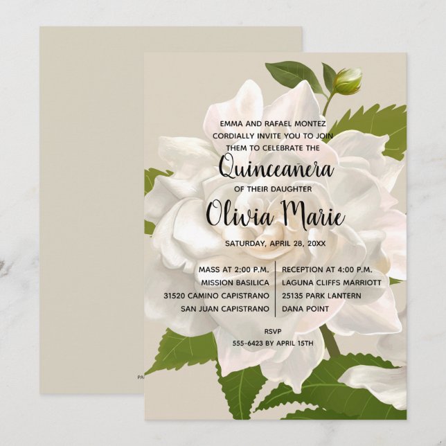 Gardenia Vintage Floral Quinceañera Invitations (Front/Back)
