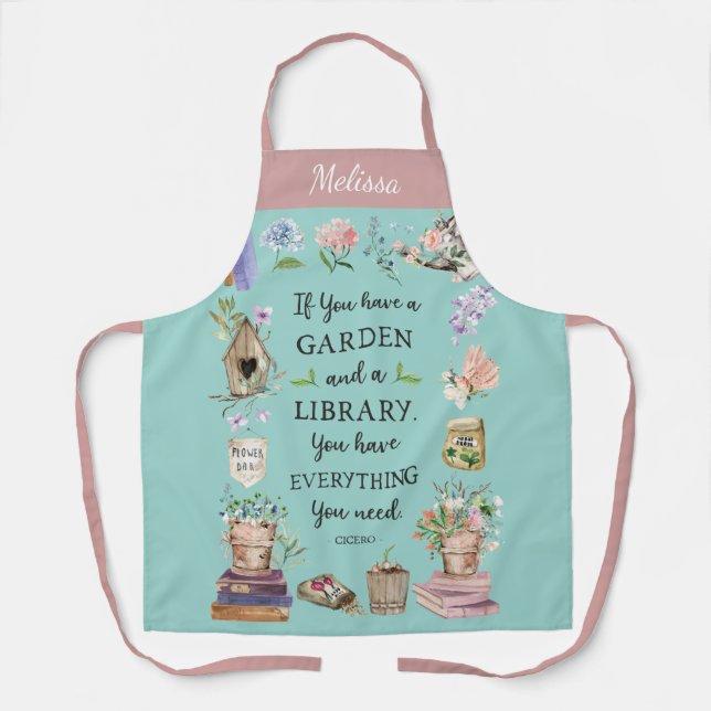 Gardening and Library Quote Floral Garden Apron (Front)
