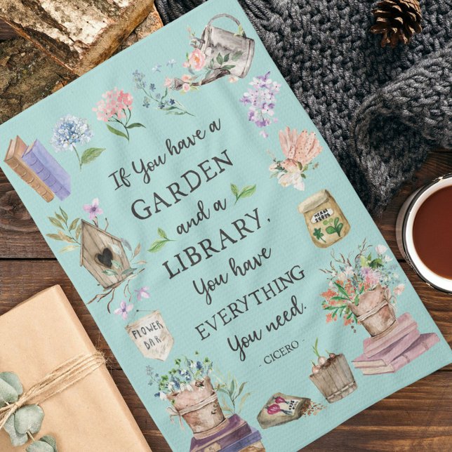 Gardening and Library Quote Floral Garden Tea Towel (In situ Kitchen Table)