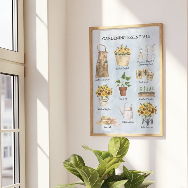 Gardening Essential Sunflower Garden Tools Blue Poster (In situ)