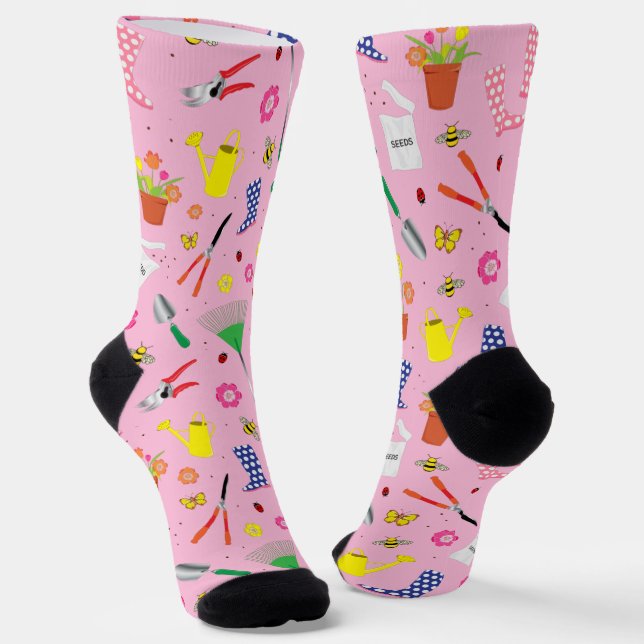Gardening Garden Lover Cute Pink Socks (Angled)