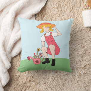 Gardening Girl with Flowers Blonde Hair Cushion