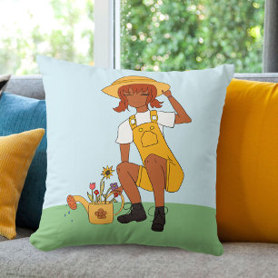 Gardening Girl with Flowers Drawing Cushion