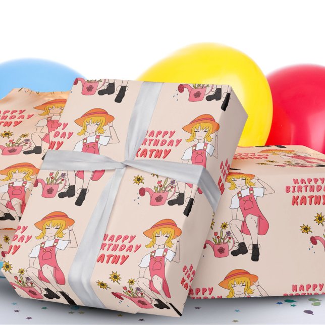 Gardening Girl with Sunflowers Happy Birthday  Wra Wrapping Paper (Creator Uploaded)