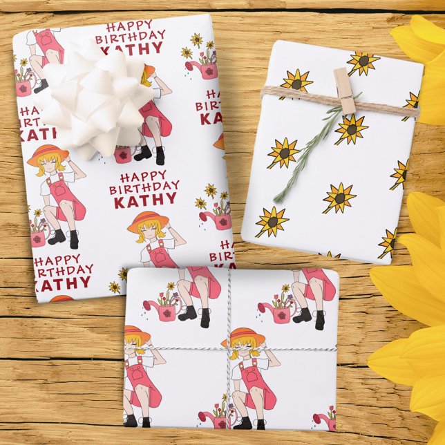 Gardening Girl with Sunflowers Happy Birthday Wrapping Paper Sheet (Creator Uploaded)