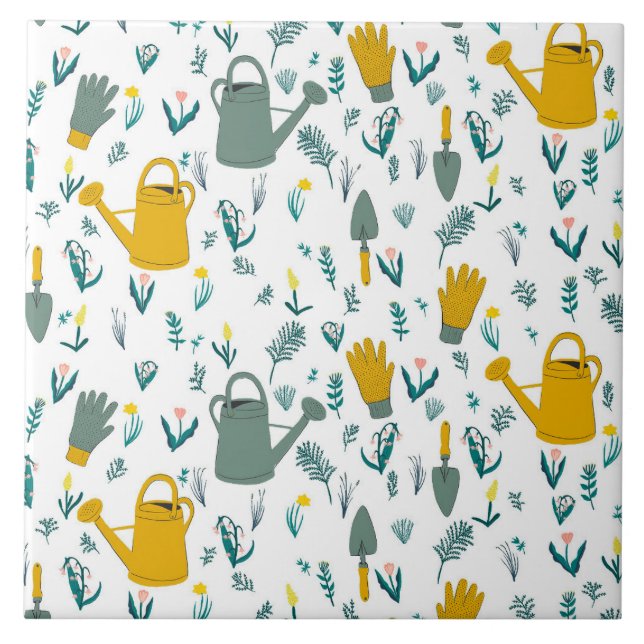 Gardening lovers: watering, can, gloves, herbs tile (Front)