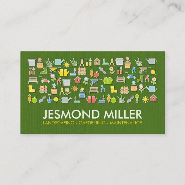Gardening Services - colourful icons pattern Business Card (Front)