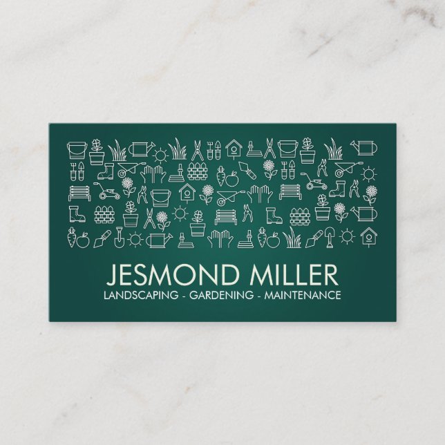 Gardening Services - white icons on emerald green Business Card (Front)