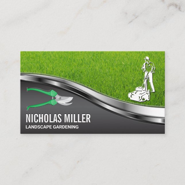 Gardening Shears | Gardener Mowing Lawn Business Card (Front)