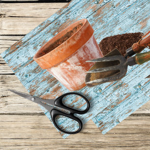gardening tools and weathered board  tissue paper