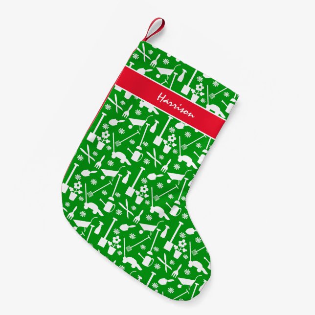 Gardening Tools Pattern Red  Green And White Small Christmas Stocking (Front (Hanging))