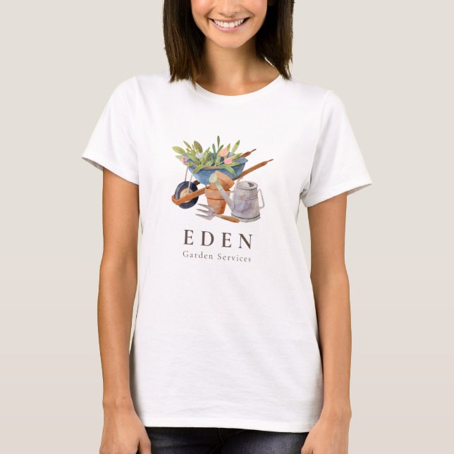 Gardening Tools Wheelbarrow Watercolor Business T-Shirt (Front)