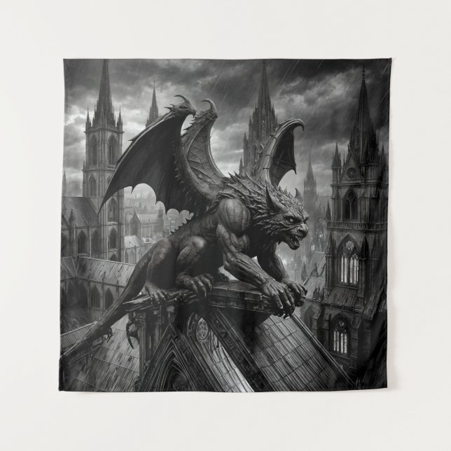 Gargoyle Awakening on Rain-Soaked Cathedral Roof Tapestry (Front)
