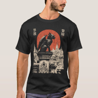 Gargoyle Guardian Gothic Cityscape with Red Moon r T-Shirt