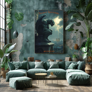 Gargoyle Halloween with Stormy Sky and Lightning Poster