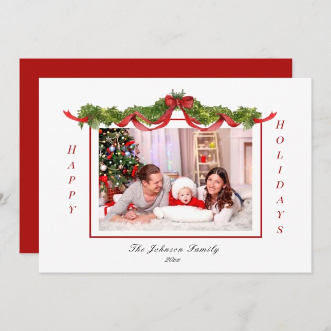 Garland and Bows Holiday photo Announcement (Front/Back)