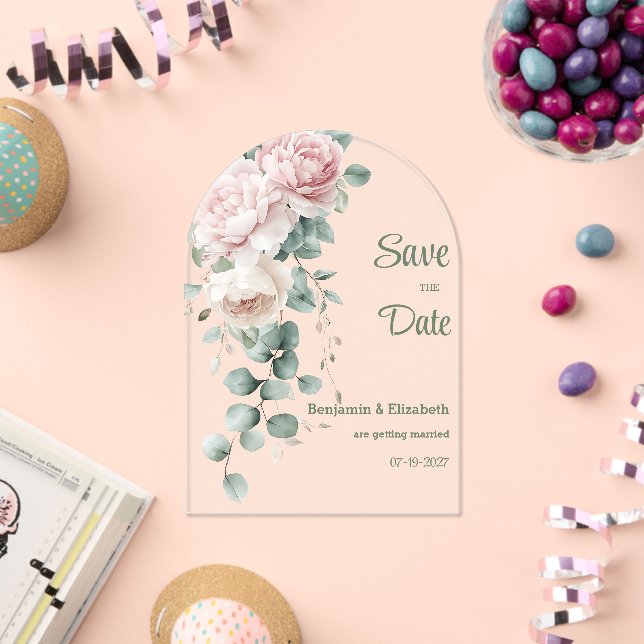 Garland pink peonies eucalyptus leaf Save the Date Acrylic Invitations (Insitu (Celebration))