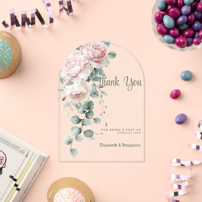 Garland pink peonies eucalyptus leaf Thank You Acrylic Invitations (Insitu (Celebration))