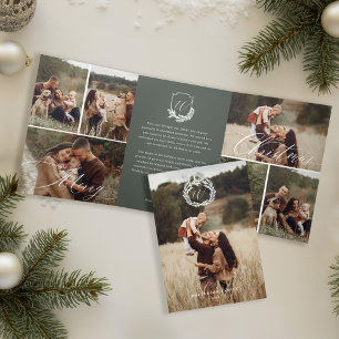 Garland Wreath Monogram Photo Gallery Christmas Tri-Fold Holiday Card