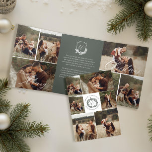 Garland Wreath Monogram Photo Gallery Christmas Tri-Fold Holiday Card