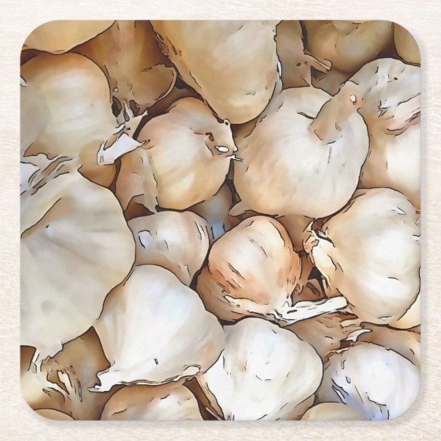 Garlic Bulbs Artistic Black Outline Art Square Paper Coaster (Front)