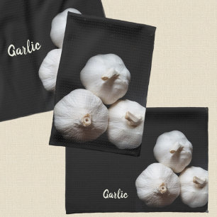 Garlic Cloves Dramatic White on Black Tea Towel