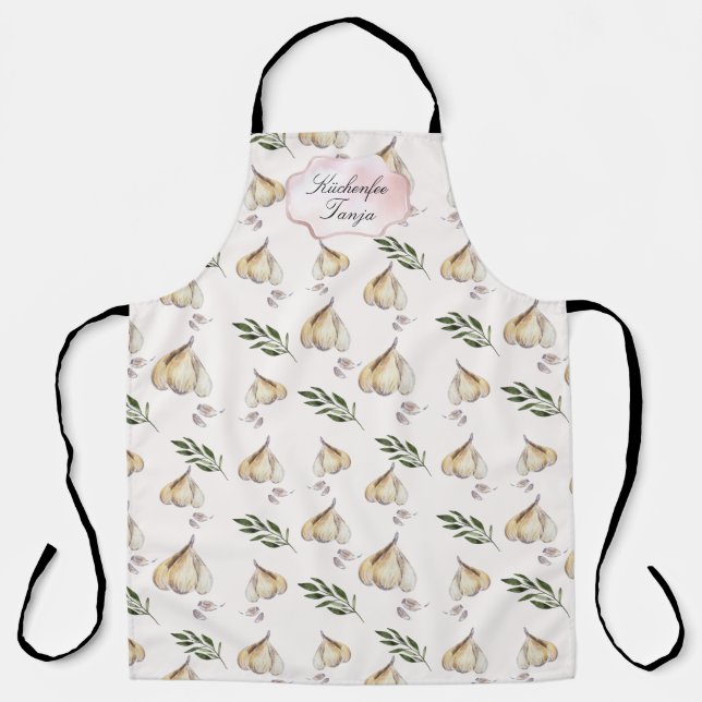 Garlic pattern, blush pink watercolor name apron (Front)