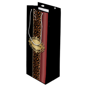 Garnet Red and Black Leopard Pattern Wine Gift Bag