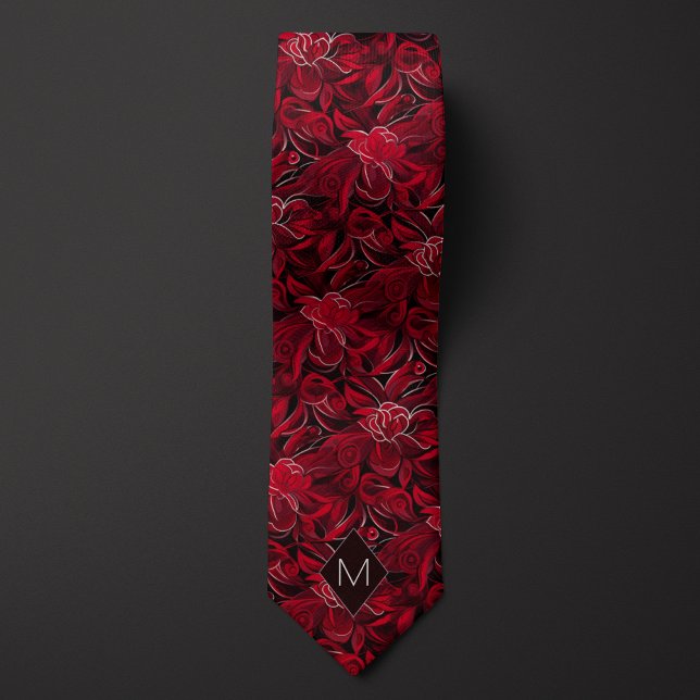 Garnet Red Botanical Monogram Tie (Creator Uploaded)